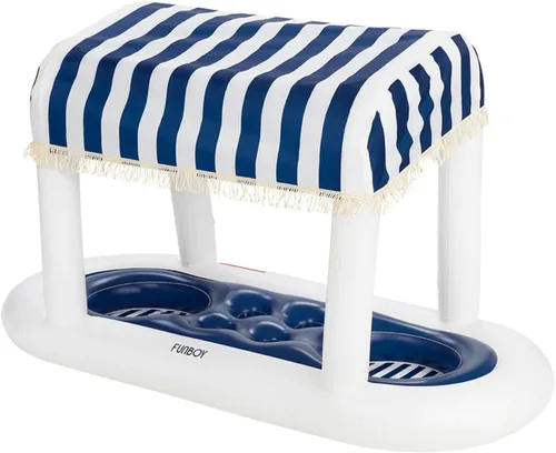 Miniatura 6 de FUNBOY Estación de bebidas flotante gigante con diseño de cabaña de rayas azul claro, con toldo de tela removible con flecos, perfecta para fiestas
