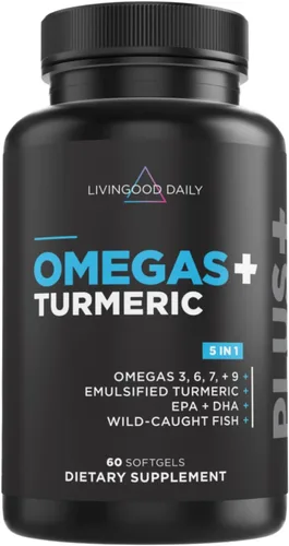 Livingood Daily Omega 3 6 9 Plus Curcumina de cúrcuma - Suplemento Omega 3 (EPA y DHA) - Apoya la salud del corazón - Suplementos - 60 cápsulas
