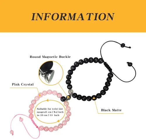 Miniatura 2 de 2 pulseras magnéticas para parejas, piedra natural negra mate, cristal para votos de amor eterno, juego de pulseras de cuentas de piedra de energía
