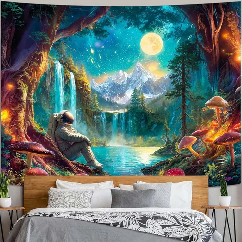 Miniatura 28 de Zussun Tapiz de hongo rojo, tapices de luna y estrella para dormitorio, estética de color beige, noche estrellada, planta verde, tapiz de pared