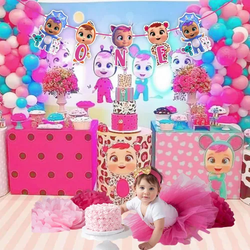 Miniatura 4 de Cartel de Cry Babes One – Lindo cartel de decoración de cumpleaños número uno estilo de dibujos animados para configuración de fiesta en interiores