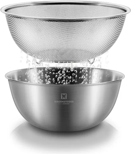 WAGENSTEIGER Juego de tazón de acero inoxidable y colador de 3 patas, canasta de cocina multiusos con colador de malla fina, cuenco para mezclar
