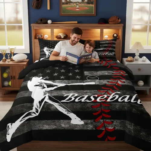 Miniatura 5 de Erosebridal Juego de edredón de béisbol para niños, ropa de cama vintage con bandera americana, tamaño Queen para adultos, niñas, niños