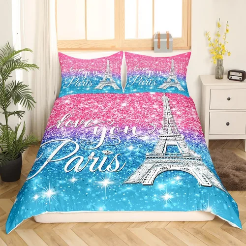 Miniatura 24 de Erosebridal Funda de edredón de la Torre Eiffel para niñas, juego de ropa de cama romántica de París azul, negro y blanco, funda de edredón