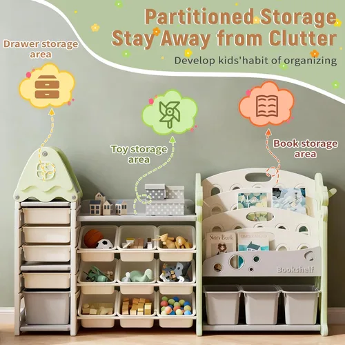 Miniatura 4 de Pipleo Organizador de almacenamiento de juguetes para niños con 17 contenedores extraíbles, estantería de 4 niveles para niños, organizador de Verde