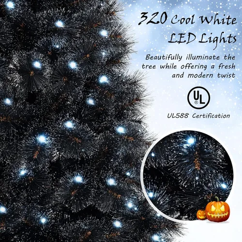 Miniatura 3 de Goplus - Árbol de Navidad artificial negro de 7 pies con luces preinstaladas, árbol de Halloween artificial, árbol de Navidad completo con bisagras