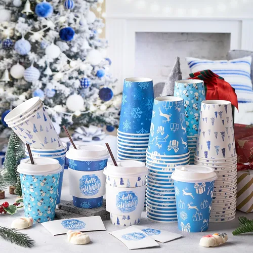 Miniatura 3 de Lallisa 100 juegos de tazas de papel desechables de café de Navidad para el invierno a granel con tapas, fundas y pajitas, tazas de café de copos