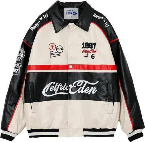 Aelfric Eden Chaqueta universitaria de piel sintética para hombre, estilo vintage, de carreras, para motocicleta, chaqueta de gran tamaño