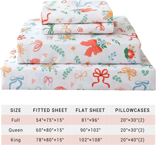 Miniatura 7 de Viviland - Juego de sábanas florales para cama de tamaño matrimonial, 4 piezas con diseño de moño impreso y flores vintage, sábanas suaves