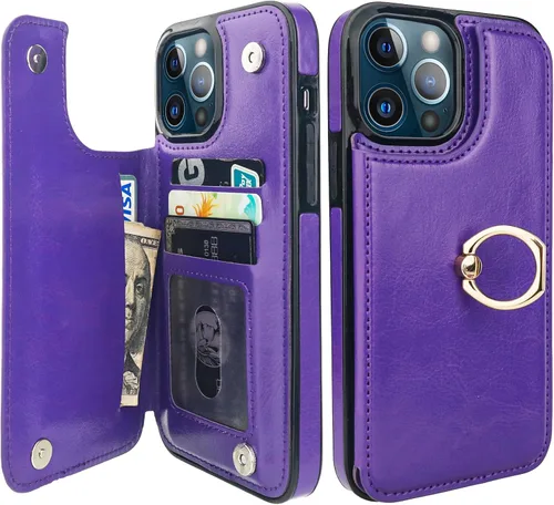 Miniatura 31 de ONETOP Funda tipo cartera para iPhone 13 Pro Max con soporte para tarjetas, anillo de rotación de 360°, función atril, bloqueo RFID, piel sintética