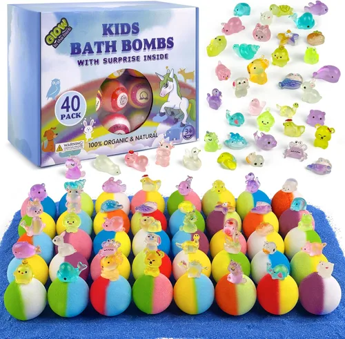 Bombas de baño para niños con juguetes en el interior - Paquete de 40 bombas de baño naturales orgánicas sorpresa (dinosaurio/unicornio/marino)