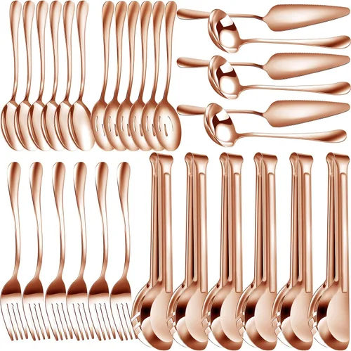 Miniatura 8 de Thenshop Juego de 30 utensilios de servir de acero inoxidable que incluye cucharas grandes, cucharas ranuradas, tenedores, cucharón de sopa, tarta