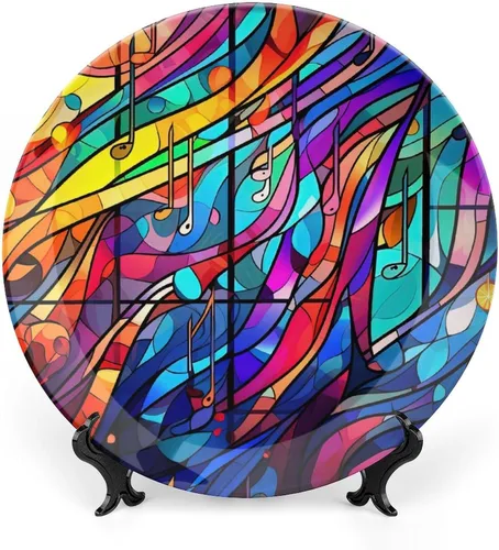 Platos decorativos para decoración del hogar, notas musicales, bandeja decorativa con diseño de vitrales para mesa, plato de cena de cerámica con
