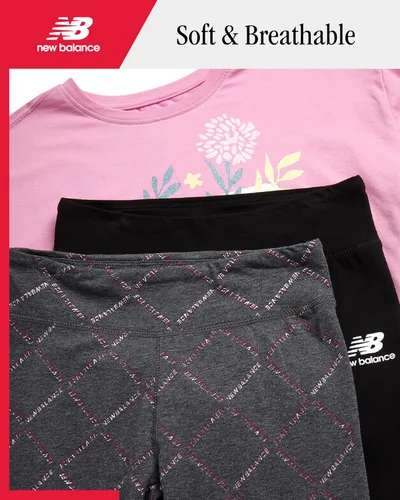 Miniatura 9 de New Balance Conjunto de leggings para niñas, camisa de manga corta de 3 piezas y leggings para niñas, pantalones de yoga para entrenamiento