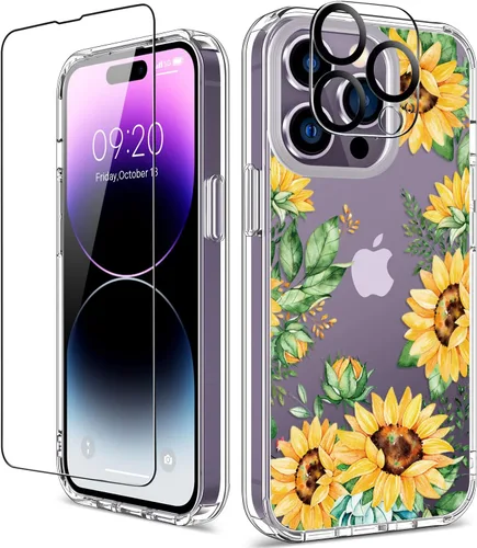 Miniatura 14 de Funda para iPhone 14 Pro con protector de pantalla, 6.1 pulgadas, transparente de cuerpo completo, a prueba de golpes, diseño floral, para niñas