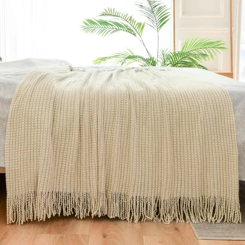 Miniatura 4 de Blagic Manta de punto para sofá, manta suave de estilo bohemio para otoño con borlas, manta ligera decorativa para el hogar, manta beige para cama