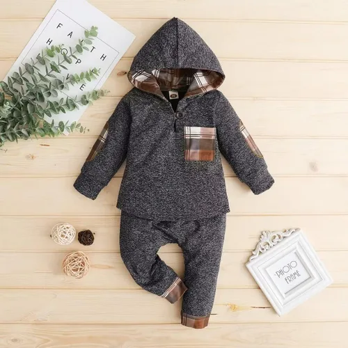 Miniatura 4 de Ropa de bebé para niños pequeños, traje de otoño e invierno, manga larga, bolsillo a cuadros, sudadera con capucha + pantalones, 2 piezas
