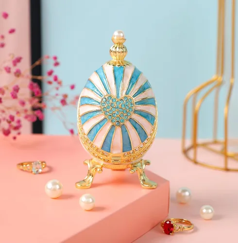 Miniatura 4 de Cajas de joyería con forma de huevo de Pascua azul con bisagras con diamantes de imitación en forma de amor, esmalte de regalo para mujeres