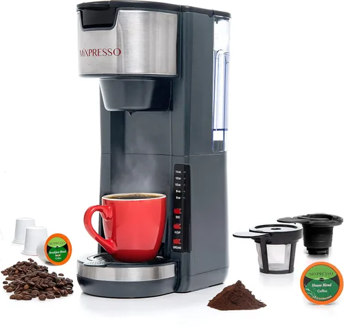 Miniatura 8 de Mixpresso - Cafetera blanca para una sola porción, compatible con cápsulas K-Cup y café molido, cafetera compacta de 30 oz para una sola porción