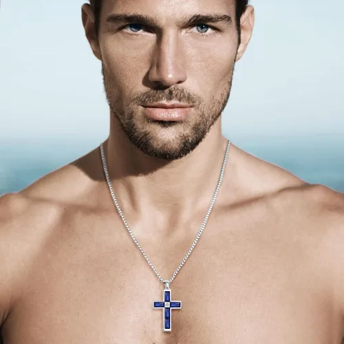 Miniatura 10 de Collar de cruz para hombre, piedras preciosas de color piedra natal de circonita cúbica, collar de acero inoxidable para hombre, cadena de 24