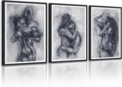 Miniatura 90 de Novatique 3 piezas de arte de pared sexy en blanco y negro para parejas desnudas, decoración de pared abstracta de amor para mujeres y hombres, arte