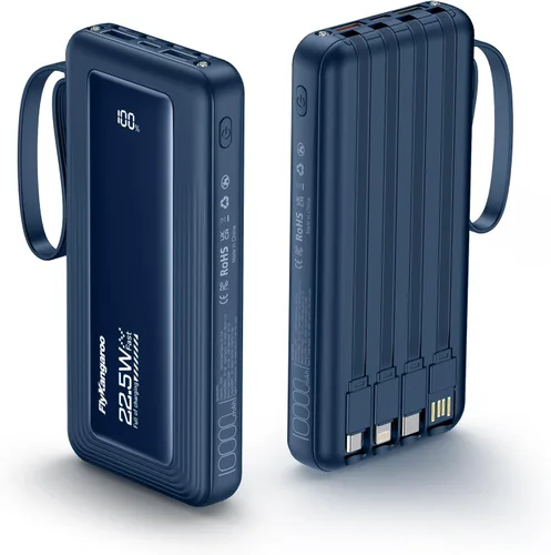 Miniatura 12 de Cargador portátil con cables integrados, batería de 10,000 mAh delgada, carga rápida de 22.5 W, banco de energía con pantalla LED USB C, 6 salidas