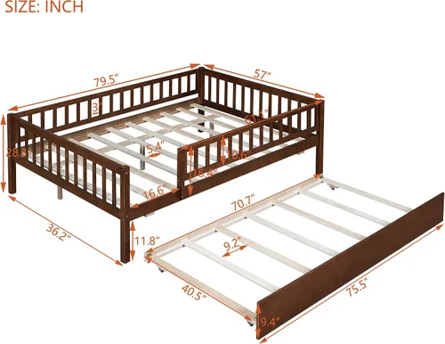 Miniatura 2 de Harper & Bright Designs Cama diván Full con cama nido, marco de cama nido de madera Full con barandas de seguridad, cama Full Montessori para Nuez