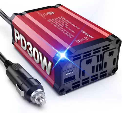 Miniatura 10 de Inversor de energía para automóvil de 200W CC 12V a 110V CA con PD 65W/30W USB C y 2 puertos USB QC 18W y 2 salidas CA, adaptador de enchufe