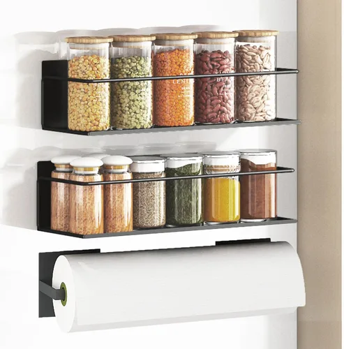 Miniatura 2 de Estante magnético para especias para refrigerador, estante magnético de ahorro de espacio para nevera negro, paquete de 2 con soporte magnético