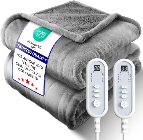 Miniatura 11 de Manta térmica eléctrica tamaño King, franela y sherpa de alta calidad ultra acogedora, distribución uniforme del calor y temperatura estable