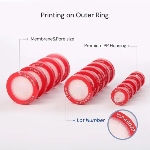 Miniatura 4 de Paquete de 100 Filtros de Jeringa PTFE para Laboratorio Filtros de Filtración Hidrofóbica Tamaño de Poro 0.22μm Diámetro 13mm No estéril Rojo