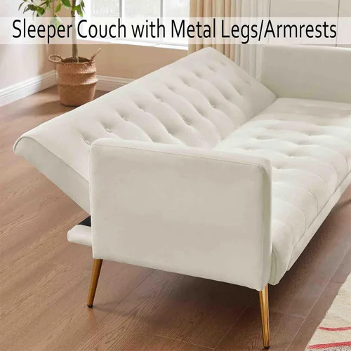 Miniatura 5 de Sofá cama futón moderno de terciopelo de 70 pulgadas, sofá cama convertible con patas y reposabrazos de metal, sofá biplaza tapizado plegable
