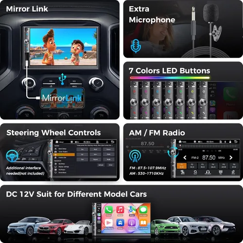 Miniatura 4 de Estéreo de auto de doble DIN de 7 pulgadas, Apple Carplay inalámbrico y Android Auto, pantalla táctil HD, Bluetooth, 240W, SWC, salida de subwoofer