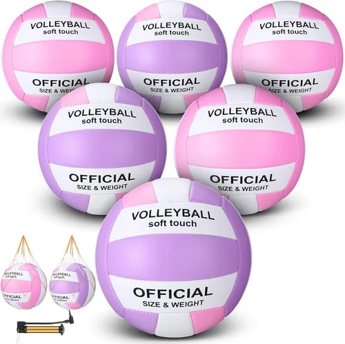 Miniatura 7 de Woanger 6 pelotas de voleibol tamaño oficial 5, impermeables, suaves, recreativas, con bomba y bolsa de red, para niños, jóvenes, adultos, Azul