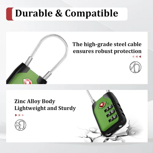 Miniatura 6 de Joyway Candado de equipaje aprobado por la TSA, candado de cable de combinación de 3 dígitos con cuerpo de aleación, cerraduras de combinación