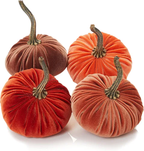 Miniatura 24 de Your Heart's Content Juego de 4 calabazas pequeñas de terciopelo, decoración del hogar hecha a mano, decoración de manto festivo, centro de mesa