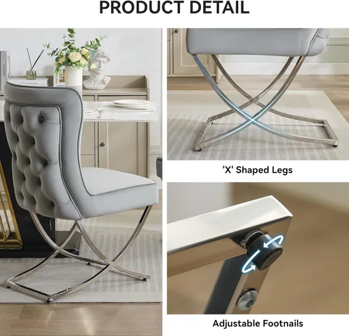 Miniatura 4 de WUTUTUEE Sillas de comedor de terciopelo de lujo, sillas de comedor tapizadas sin brazos con patas en X de metal plateado, juego de 2 sillas de Gris