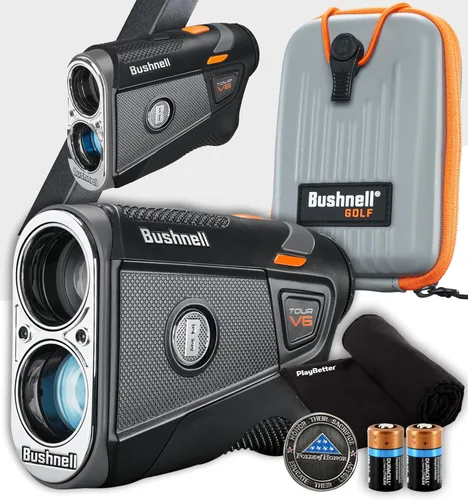 Miniatura 10 de Bushnell Tour V6 Golf Rangefinder Bundle – PinSeeker con Visual JOLT, BITE soporte magnético – Incluye toalla de microfibra PlayBetter y batería CR2