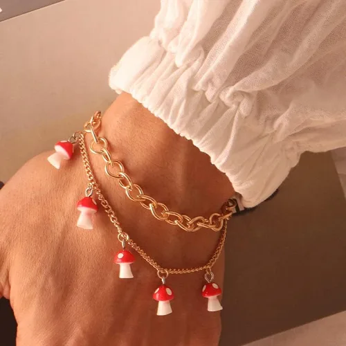 Miniatura 2 de Rrdaily Tobillera de doble capa con forma de hongo, bonita pulsera de hongo rojo, pulsera combinada para mujeres y niñas, Sin gemas.