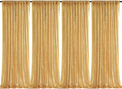 B-COOL Cortinas de fondo de lentejuelas doradas, 4 paneles de 2 x 8 pies, cortinas brillantes de tela brillante con purpurina para fondo, boda,