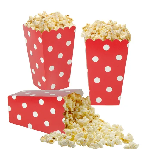 Miniatura 7 de 24 paquetes de cajas de palomitas de maíz con rayas rojas - Mini contenedores de papel para palomitas y caramelos para fiestas de carnaval, 2-Rojo