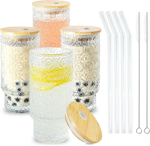 Juego de taza de café de vidrio de 16 onzas con tapas y pajita | Vintage Begonia, Dishwasher Safe, Natural Bamboo Lid, Car Hold Friendly, Non-slip,