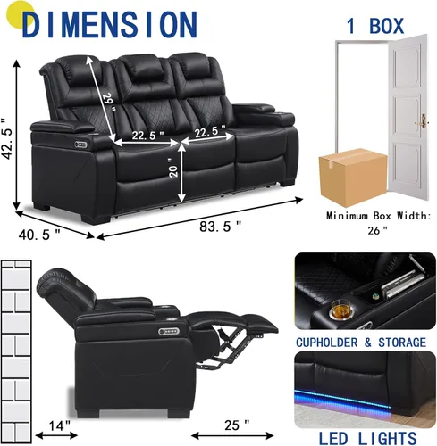 Miniatura 2 de THSUPER Sofá reclinable de cuero transpirable con luz LED de 7 colores, sillón reclinable para sala de estar con reposacabezas ajustable, luz