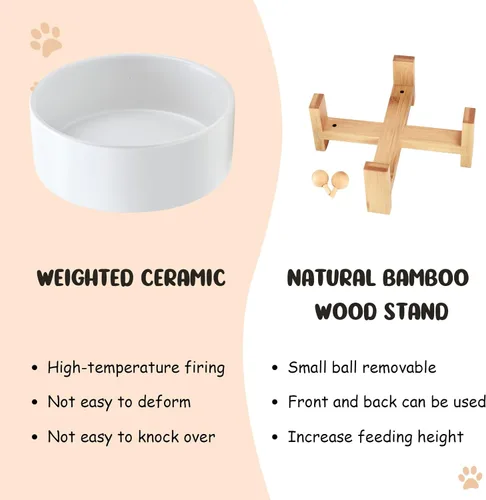 Miniatura 7 de SPUNKYJUNKY Cuenco de cerámica inclinado de 15° para perros y gatos con soporte de madera, cuenco inclinado para comida y agua para bulldog, Blanco