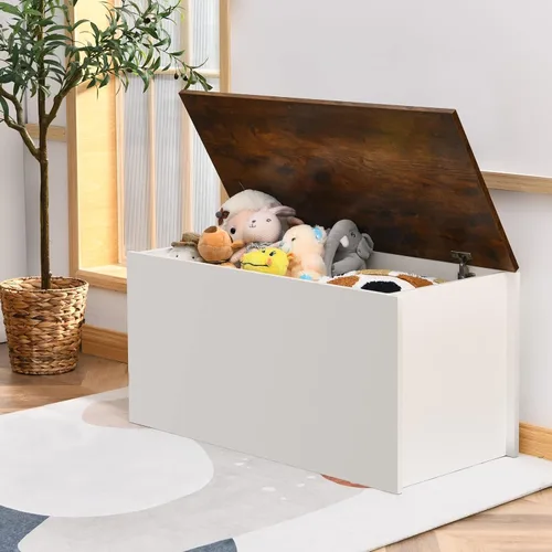 Miniatura 8 de Costzon Baúl de almacenamiento de juguetes, banco de almacenamiento de madera, baúl otomano con tapa abatible, organizador de gabinete de juguetes