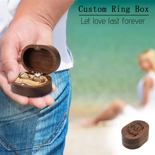 Miniatura 5 de Caja de anillo de boda personalizada para ceremonia, caja de anillo ovalada de madera, caja de soporte para anillos de boda para él y ella, caja