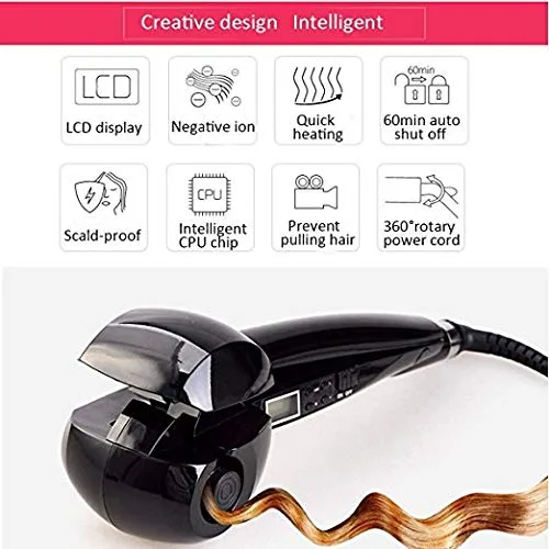 Miniatura 2 de Máquina de rizador de cerámica automática Temperatura de voltaje universal ajustable, rizador de pelo profesional Máquina de cerámica giratoria Negro