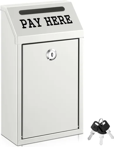 Yaocom Caja de dinero segura para recolección de dinero, caja de donación de metal con cerradura para montaje en pared preperforado, buzón de Blanco