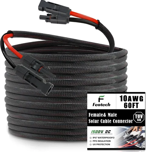 Miniatura 24 de Cable de Extensión Solar de Doble Hilo de 50 Pies - 10AWG (6mm) Negro y Rojo con Conectores de Panel Solar IP67 para Uso en Exteriores y Marino