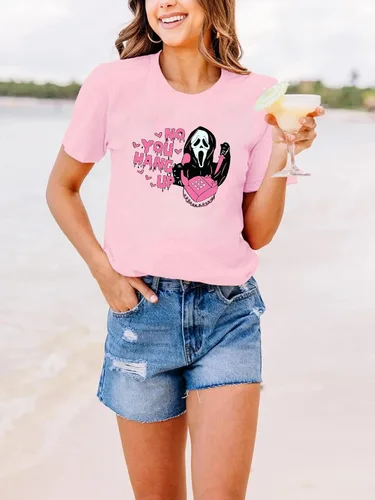 Miniatura 4 de Camiseta de Halloween con texto en inglés "No You Hang Up Scary Horror Movie Halloween" para mujer, divertida camiseta de fantasma, casual